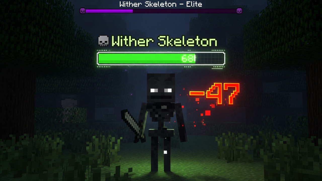 In-game preview: health bar and damage number above a wither skeleton
